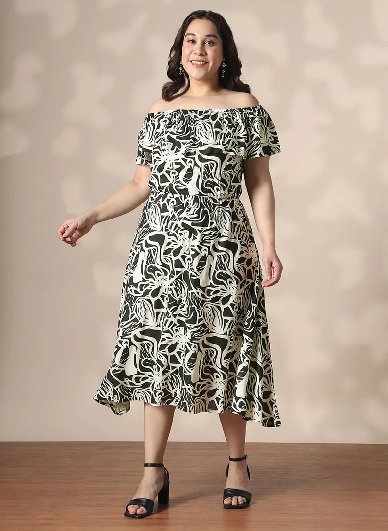 globus Globus Gloplus Women Black & White Abstract Print Off-Shoulder Fit & Flare Plus Size Midi Dress